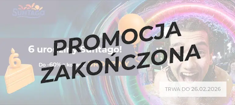 Mobilny baner 6. urodzin Suntago – do -60% z kodem URODZINY, promocja do 26.02.2026, grafika z balonem i tortem. Po środku napis PROMOCJA ZAKOŃCZONA.