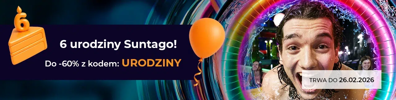 Baner 6. urodzin Suntago – do -60% z kodem URODZINY, promocja trwa do 26.02.2026, motyw urodzinowy z balonem i tortem.