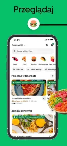 Zielona grafika z napisem ‘Przeglądaj’, widoczny ekran smartfona z aplikacją Uber Eats oraz zdjęcie dania z makaronem i warzywami w prawym dolnym rogu.