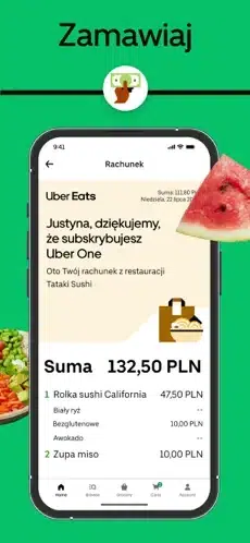 Zielona grafika z napisem ‘Zamawiaj’, widoczny ekran smartfona z aplikacją Uber Eats pokazujący rachunek zamówienia oraz kawałek arbuza po prawej stronie.