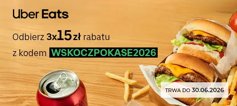 Baner mobilny Uber Eats z kodem WSKOCZPOKASE2026 i rabatem 3x15 zł na pierwsze zamówienia, widoczne burgery, frytki i puszka napoju.