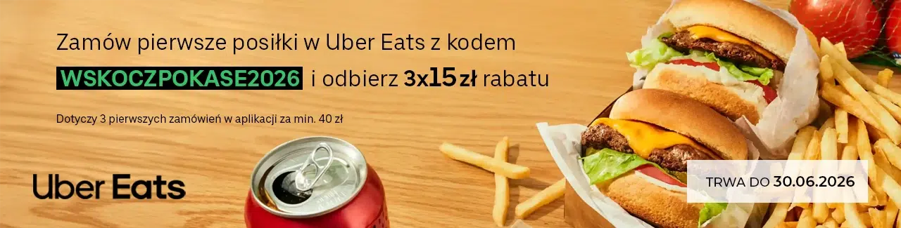 Baner promocji Uber Eats z kodem WSKOCZPOKASE2026, rabatem 3x15 zł na pierwsze zamówienia, burgerami, frytkami i napojem na drewnianym tle.