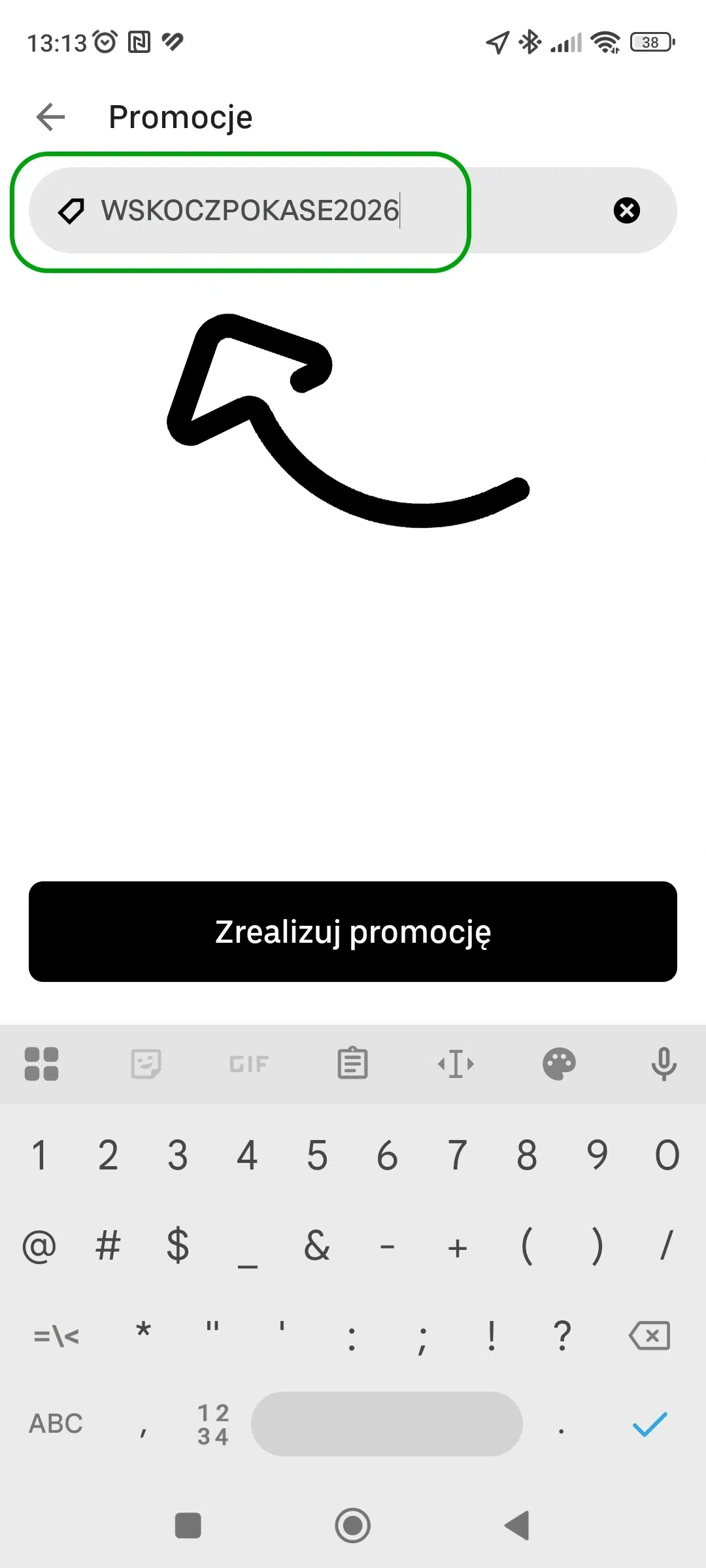 Ekran aplikacji Uber Eats z wpisanym kodem WSKOCZPOKASE2026 w sekcji „Promocje” oraz przyciskiem „Zrealizuj promocję” widocznym pod polem kodu.