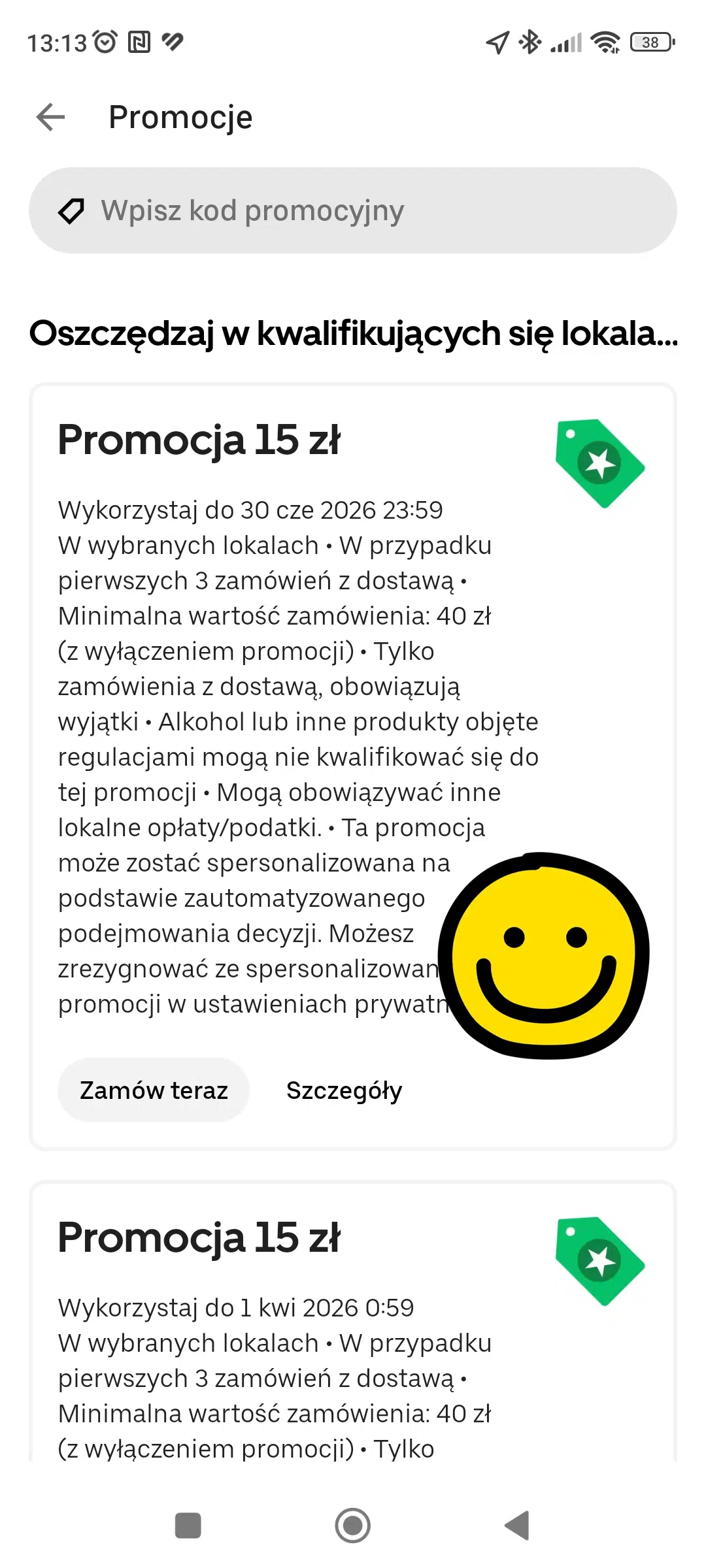 Zrzut ekranu aplikacji Uber Eats w zakładce „Promocje”, pokazujący aktywną promocję 15 zł na pierwsze 3 zamówienia z dostawą oraz pole do wpisania kodu promocyjnego.