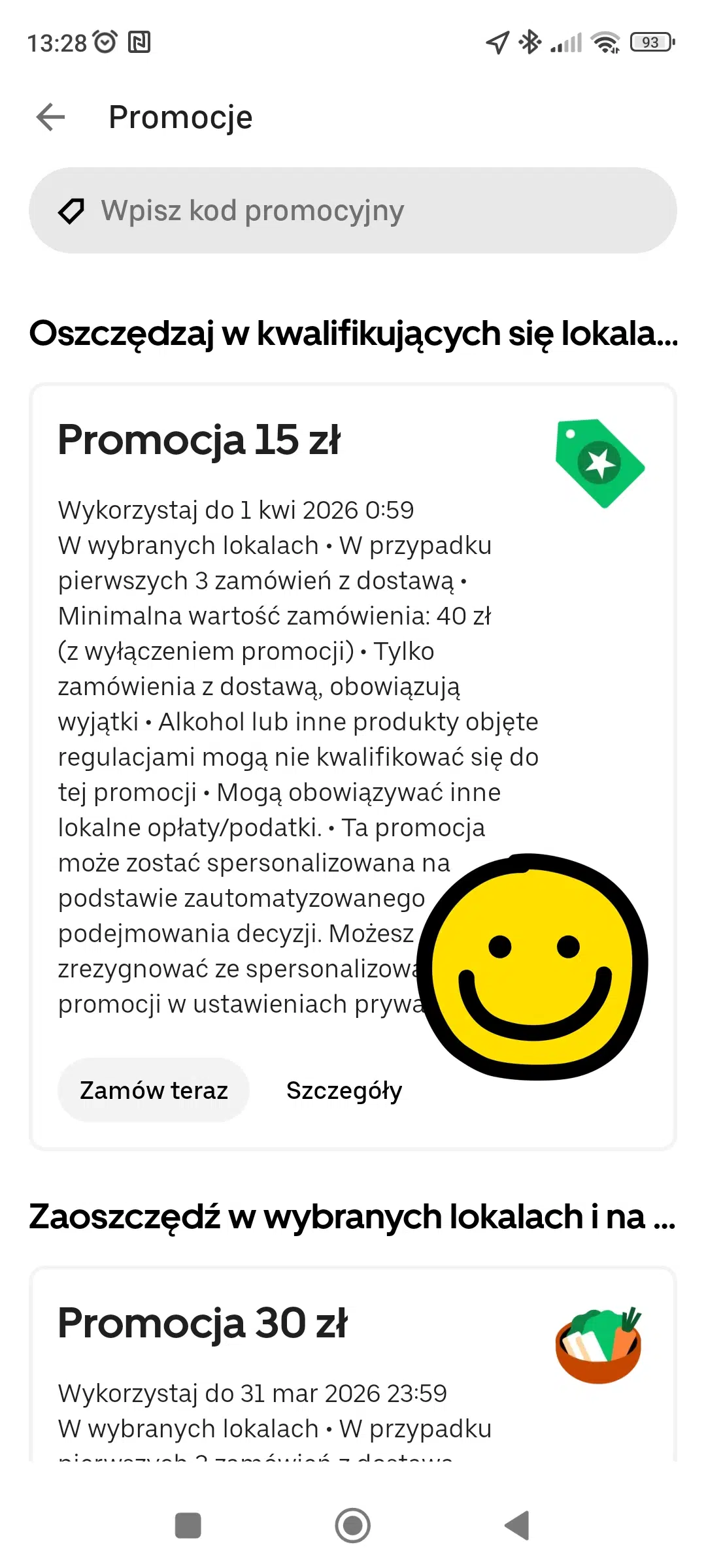 Ekran Promocje w aplikacji Uber Eats z aktywną promocją 15 zł na pierwsze 3 zamówienia z dostawą (min. 40 zł), widoczny przycisk ‘Zamów teraz’ oraz szczegóły warunków oferty.