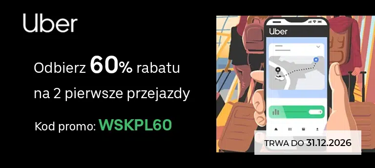 Mobilny baner Uber – 60% rabatu na 2 pierwsze przejazdy z kodem WSKPL60, promocja do 31.12.2026.