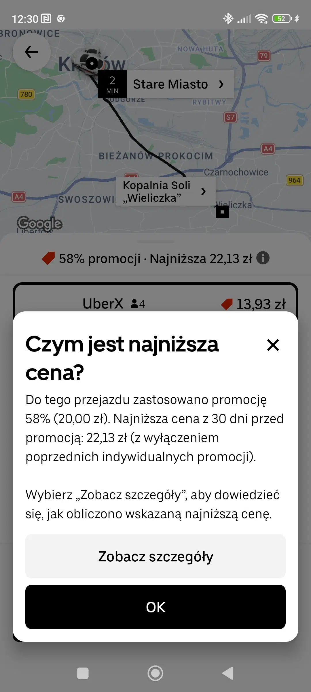 Aplikacja Uber – okno z informacją o 58% promocji (20 zł) oraz najniższej cenie z 30 dni przed rabatem: 22,13 zł.