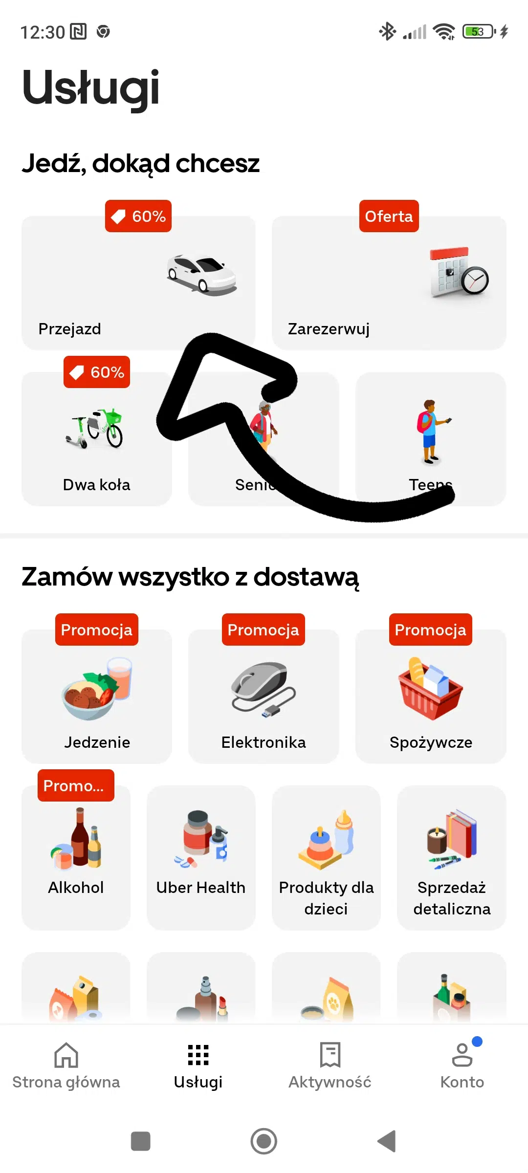 Widok aplikacji Uber – zakładka Usługi z oznaczeniem 60% rabatu przy opcji Przejazd oraz Dwa koła.”