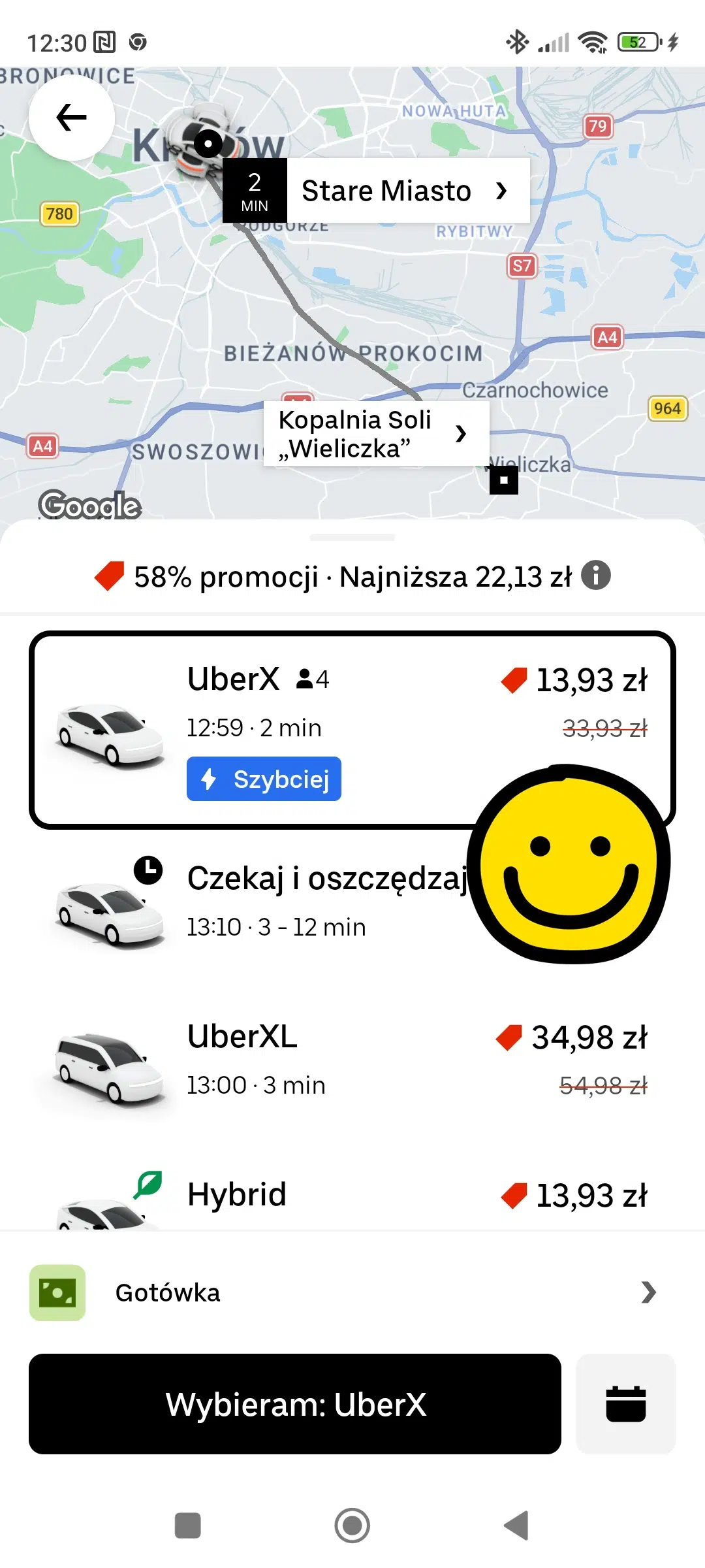 Widok aplikacji Uber z wybraną trasą Kraków – Kopalnia Soli Wieliczka, aktywna promocja 58%, cena UberX 13,93 zł po rabacie.