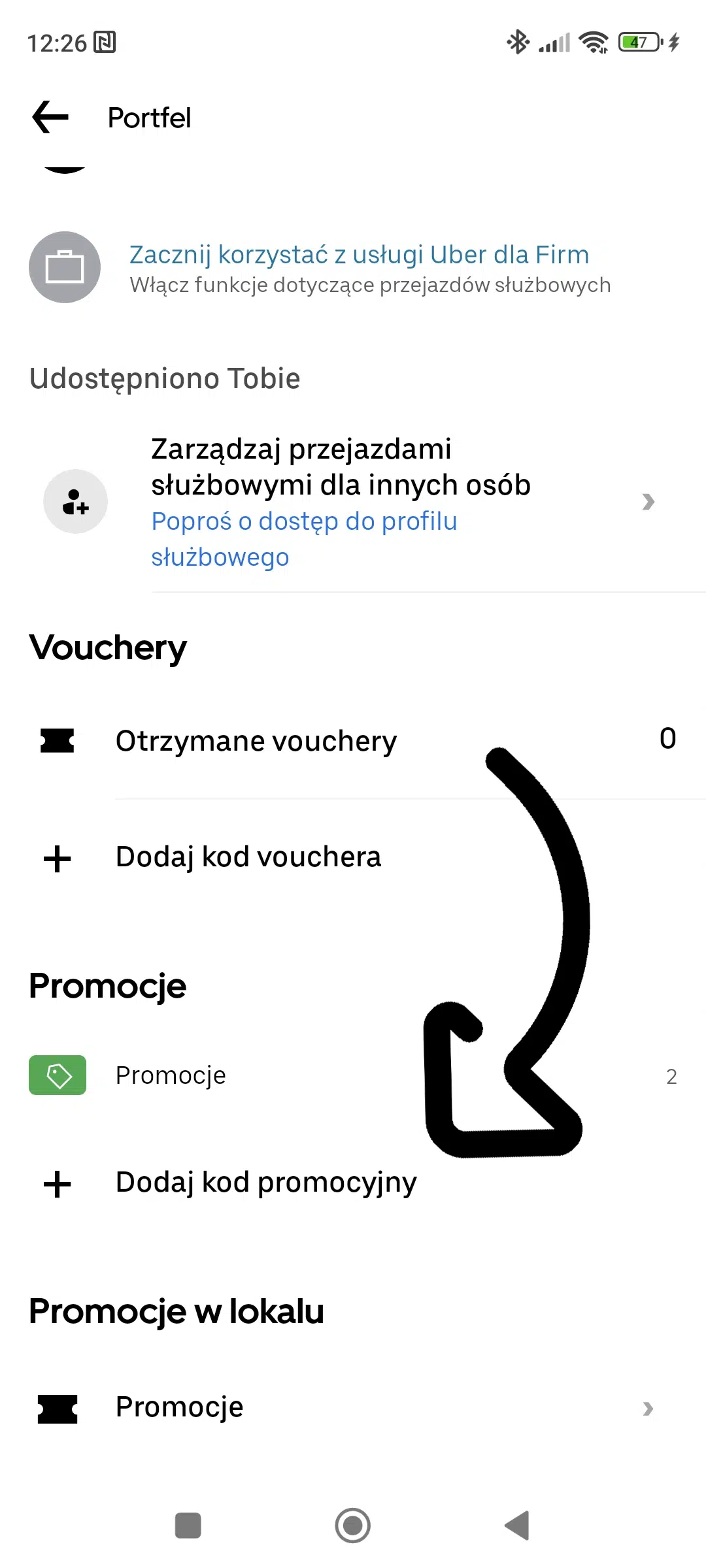 Aplikacja Uber – zakładka Portfel z sekcją Promocje i opcją Dodaj kod promocyjny.