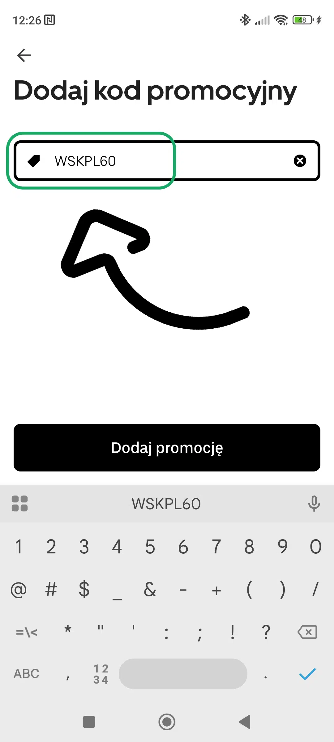 Aplikacja Uber – ekran Dodaj kod promocyjny z wpisanym kodem WSKPL60 przed zatwierdzeniem promocji.