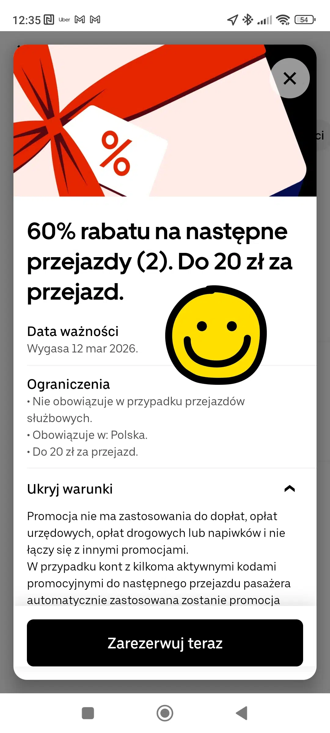 Aplikacja Uber – aktywna promocja 60% rabatu na 2 przejazdy, do 20 zł za kurs, ważna do 12 marca 2026 roku.