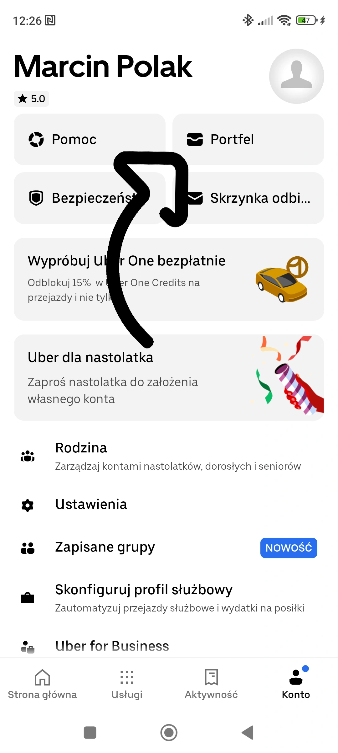Aplikacja Uber – ekran konta użytkownika z zaznaczoną sekcją Portfel, gdzie można dodać kod promocyjny WSK80PL.