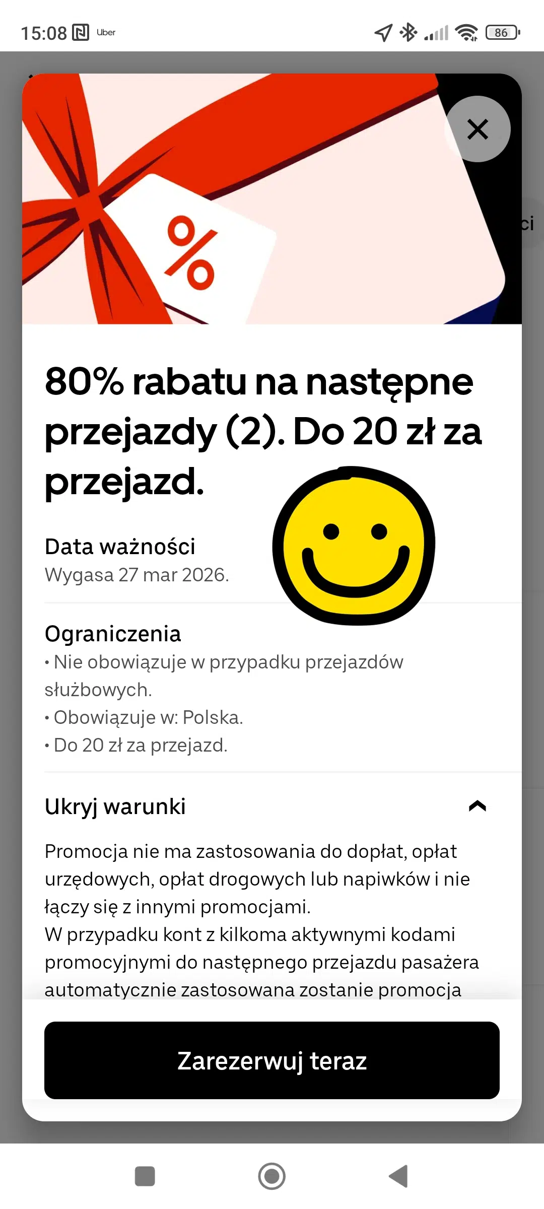 Aplikacja Uber – aktywna promocja 80% rabatu na 2 kolejne przejazdy, do 20 zł za kurs, ważna do 27 marca 2026 roku.