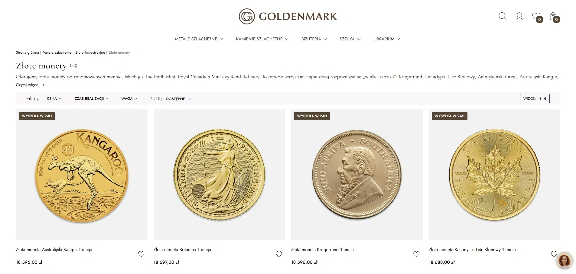 Lista złotych monet inwestycyjnych w sklepie Goldenmark – Kangur Australijski, Britannia, Krugerrand i Kanadyjski Liść Klonowy, widok kategorii.