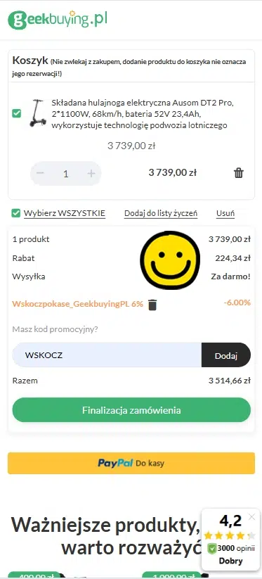 Widok mobilny koszyka w Geekbuying.pl z hulajnogą elektryczną, wpisanym kodem WSKOCZ (-6%), pokazanym rabatem 224,34 zł oraz przyciskiem ‘Finalizacja zamówienia’.