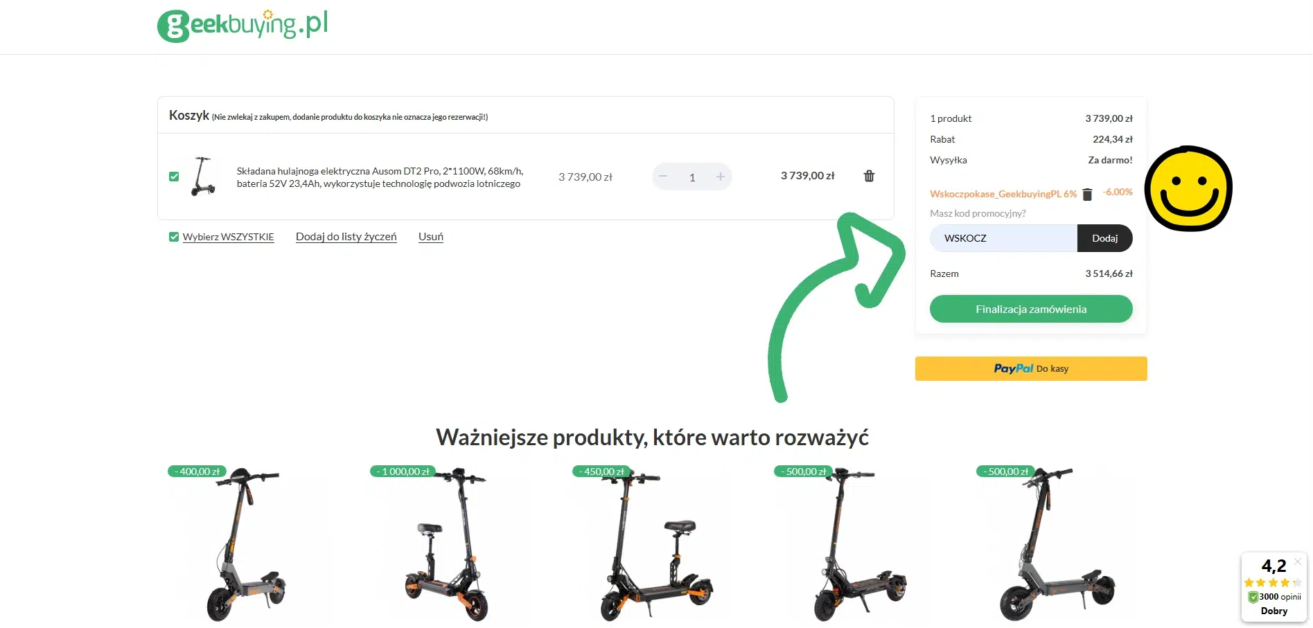 Koszyk w sklepie Geekbuying.pl z hulajnogą elektryczną, wpisanym kodem rabatowym WSKOCZ (-6%) oraz podsumowaniem zamówienia z obniżoną ceną i przyciskiem ‘Finalizacja zamówienia’.