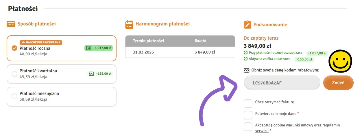 Zrzut ekranu z formularza płatności Giganci Programowania pokazujący aktywną zniżkę 150 zł po wpisaniu kodu rabatowego, z zaznaczonym polem podsumowania ceny po prawej stronie.