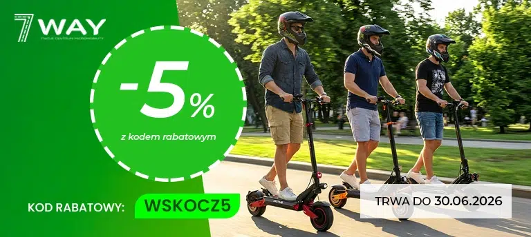 Mobilny baner promocyjny 7Way z rabatem -5% i kodem WSKOCZ5, przedstawiający trzech mężczyzn jadących na hulajnogach elektrycznych oraz informację o terminie promocji do 30.06.2026.