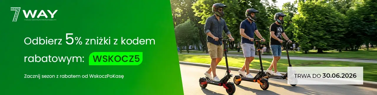 Baner promocyjny 7Way z informacją o 5% zniżki z kodem rabatowym WSKOCZ5, obok zdjęcia trzech osób jadących na hulajnogach elektrycznych w parku. Promocja trwa do 30 czerwca 2026.