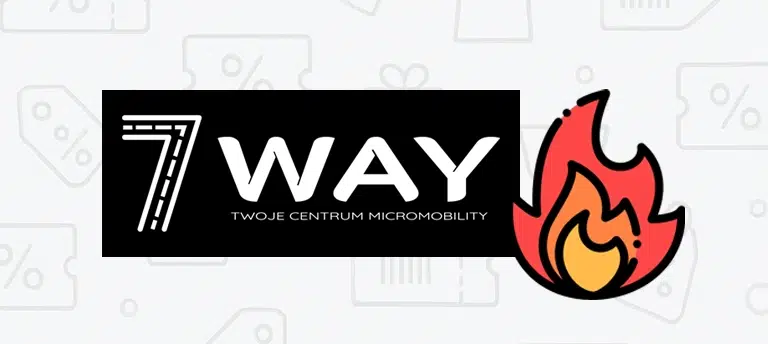 Grafika z logo 7WAY i hasłem ‘Twoje centrum micromobility’ na czarnym tle oraz ikoną płomienia po prawej stronie.