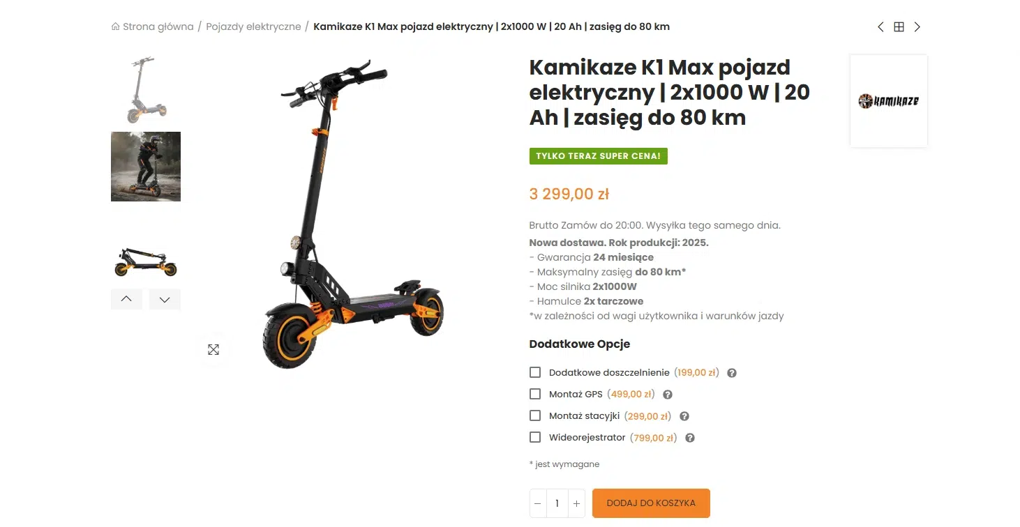 Strona produktu hulajnogi elektrycznej Kamikaze K1 Max w sklepie 7WAY. Na zdjęciu czarna hulajnoga z pomarańczowymi elementami oraz informacje o specyfikacji: silnik 2x1000 W, bateria 20 Ah i zasięg do 80 km. Widoczna cena 3299 zł oraz opcje dodatkowe.