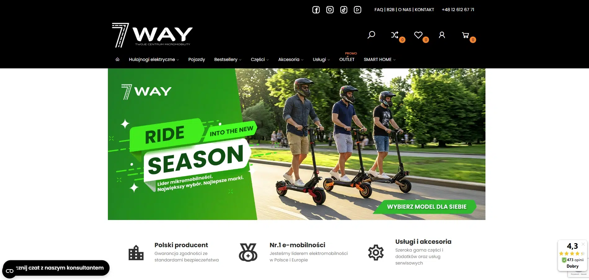 Zrzut ekranu strony głównej sklepu 7WAY z ofertą hulajnóg elektrycznych. Na banerze głównym hasło ‘Ride Season’ oraz trzech mężczyzn jadących na hulajnogach w parku. Widoczne menu sklepu, kategorie produktów i przycisk ‘Wybierz model dla siebie’.