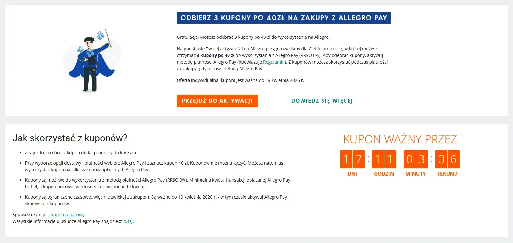 Zrzut ekranu strony Allegro z informacją o możliwości odebrania 3 kuponów po 40 zł za aktywację Allegro Pay oraz instrukcją, jak skorzystać z kuponów przed upływem terminu promocji.