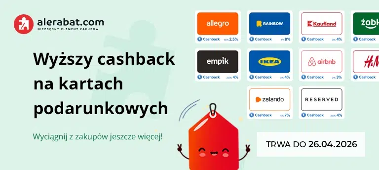 Baner Alerabat w wersji mobilnej – wyższy cashback na kartach podarunkowych, widoczne logotypy sklepów (Allegro, Empik, IKEA, Zalando, H&M), grafika czerwonej metki oraz informacja o promocji do 26.04.2026.