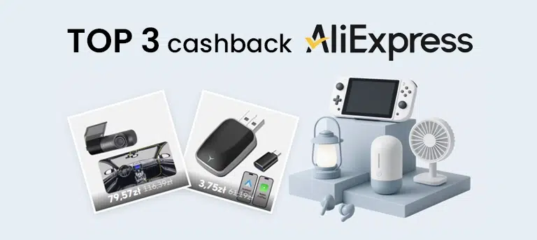 Baner z napisem ‘TOP 3 cashback AliExpress’. Na grafice widoczne przykładowe produkty z AliExpress, m.in. kamera samochodowa, ładowarka oraz gadżety elektroniczne ustawione na półce.