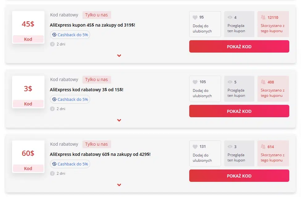 Lista kodów rabatowych AliExpress w AleRabat – kupony 45$, 3$ i 60$ z cashbackiem do 5% oraz przyciski ‘Pokaż kod’ przy każdej ofercie.