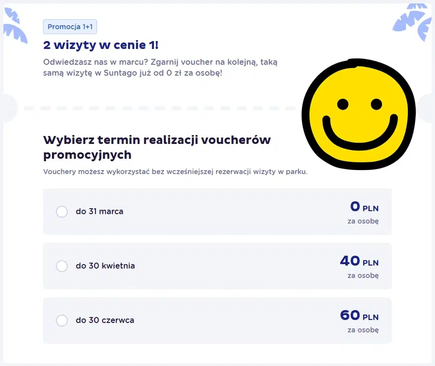 Strona promocji Suntago 1+1 z informacją ‘2 wizyty w cenie 1’ oraz możliwością wyboru terminu realizacji vouchera: do 31 marca za 0 zł, do 30 kwietnia za 40 zł lub do 30 czerwca za 60 zł za osobę.