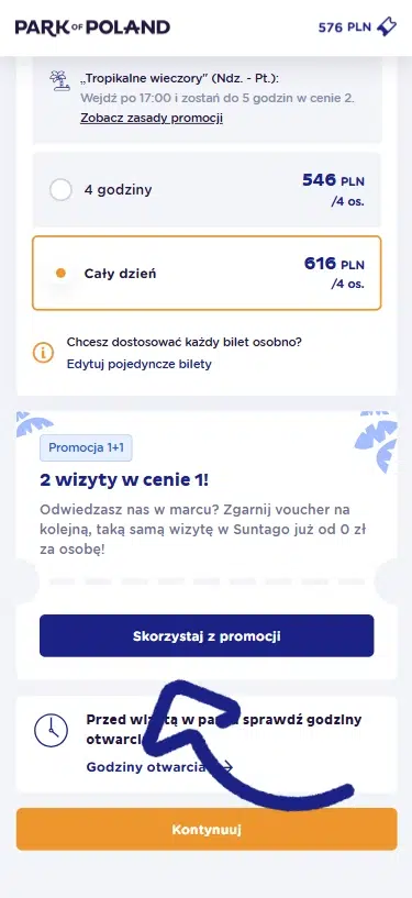 Mobilny widok strony zakupu biletów do parku Suntago z oznaczoną promocją ‘2 wizyty w cenie 1’. Na ekranie widać wybór biletu ‘Cały dzień’, przycisk ‘Skorzystaj z promocji’ oraz przycisk ‘Kontynuuj’.