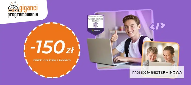 Mobilny baner promocyjny Giganci Programowania z rabatem -150 zł na kurs z kodem polecającym, przedstawiający nastolatka przy laptopie oraz dzieci uczące się programowania, z oznaczeniem promocji bezterminowej.
