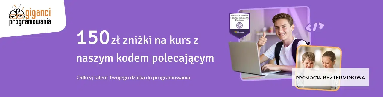 Baner promocyjny Giganci Programowania z informacją o 150 zł zniżki na kurs z kodem polecającym, przedstawiający nastolatka przy laptopie oraz dzieci uczące się programowania.