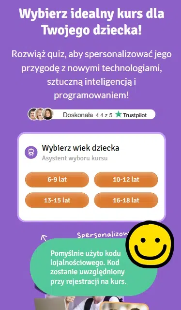 Mobilny zrzut ekranu strony Giganci Programowania z quizem wyboru kursu dla dziecka oraz komunikatem o poprawnym uwzględnieniu kodu lojalnościowego przy rejestracji.
