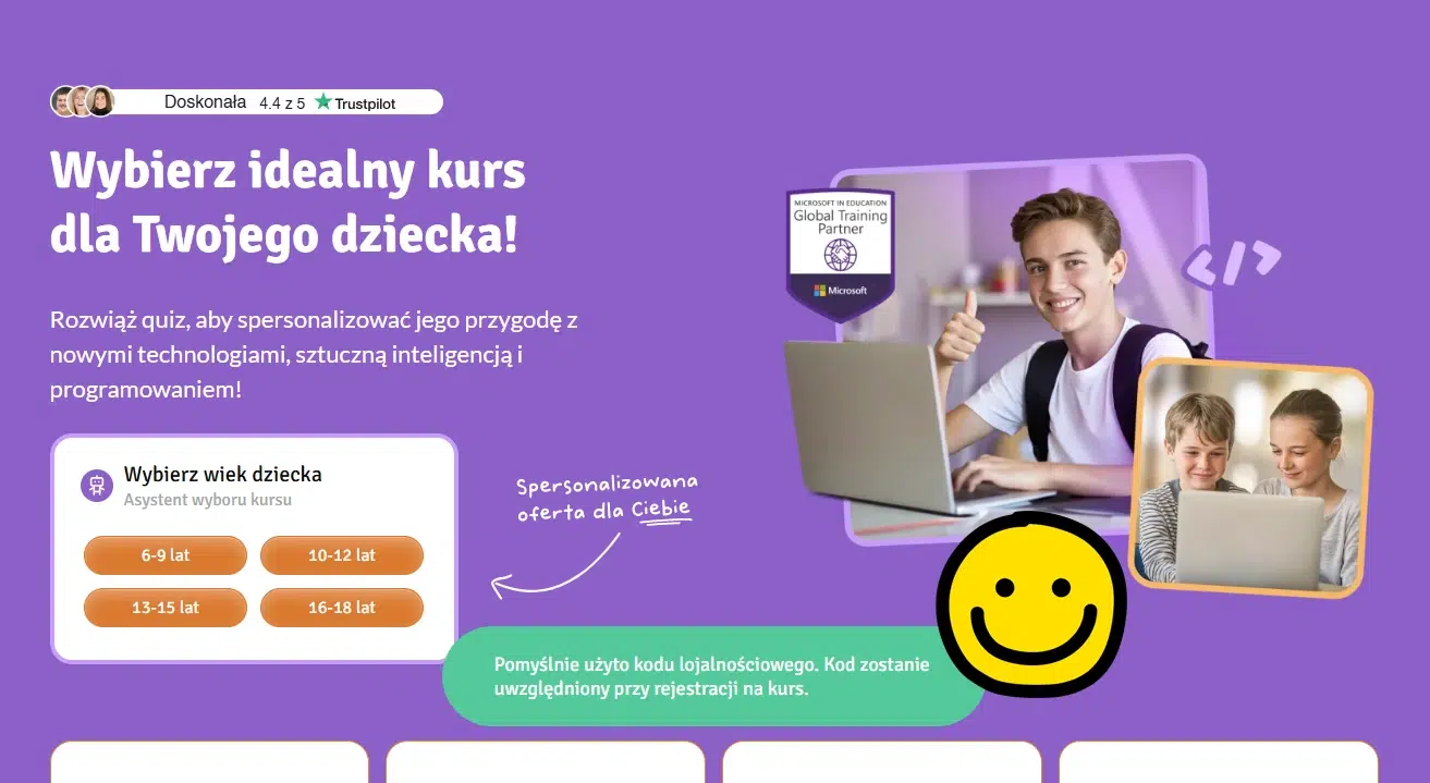 Zrzut ekranu strony Giganci Programowania z quizem wyboru kursu dla dziecka oraz komunikatem potwierdzającym poprawne użycie kodu lojalnościowego przy rejestracji.