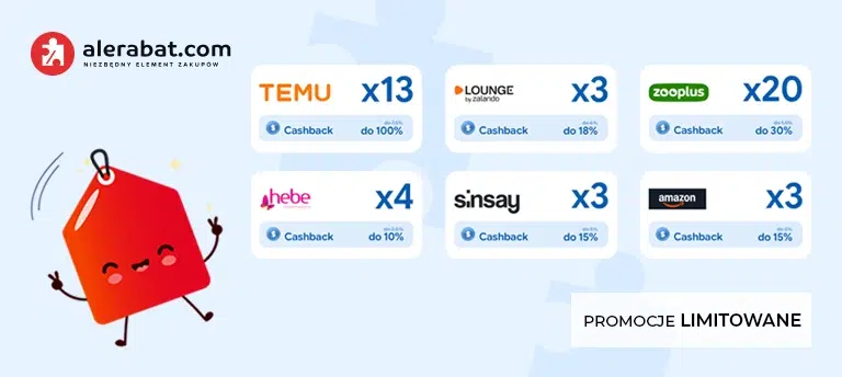 Baner AleRabat z listą ofert specjalnych cashback, m.in. TEMU x13, Zooplus x20, Lounge by Zalando x3, Hebe x4, Sinsay x3 oraz Amazon x3. Na grafice znajduje się także czerwony tag promocyjny i napis ‘Promocje limitowane’.