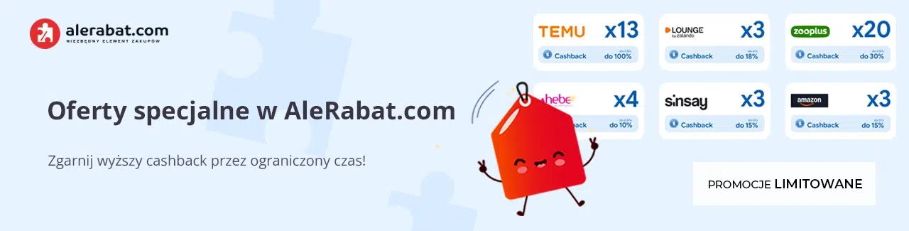 Baner AleRabat z hasłem ‘Oferty specjalne w AleRabat.com – zgarnij wyższy cashback przez ograniczony czas’. Na grafice widoczne są przykładowe promocje cashback, m.in. TEMU x13, Zooplus x20, Lounge by Zalando x3, Hebe x4, Sinsay x3 i Amazon x3.