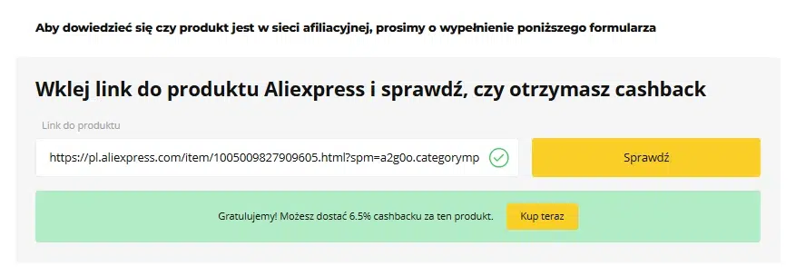 Formularz LetyShops do sprawdzenia cashbacku AliExpress – wklejony link do produktu, przycisk ‘Sprawdź’ oraz komunikat o dostępnych 6,5% zwrotu.