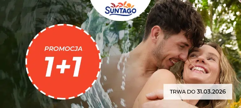 Baner promocji Suntago z dużym czerwonym oznaczeniem ‘Promocja 1+1’. W tle para korzystająca z atrakcji wodnych w parku Suntago oraz informacja ‘Trwa do 31.03.2026’.