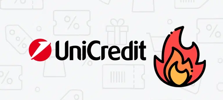 Baner z logo UniCredit po lewej stronie na jasnym tle z ikonami zakupowymi oraz grafiką płomienia po prawej stronie.