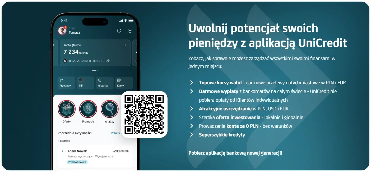 Baner UniCredit z grafiką smartfona z aplikacją bankową po lewej stronie, kodem QR do pobrania aplikacji oraz tekstem ‘Uwolnij potencjał swoich pieniędzy z aplikacją UniCredit’ i listą funkcji konta.