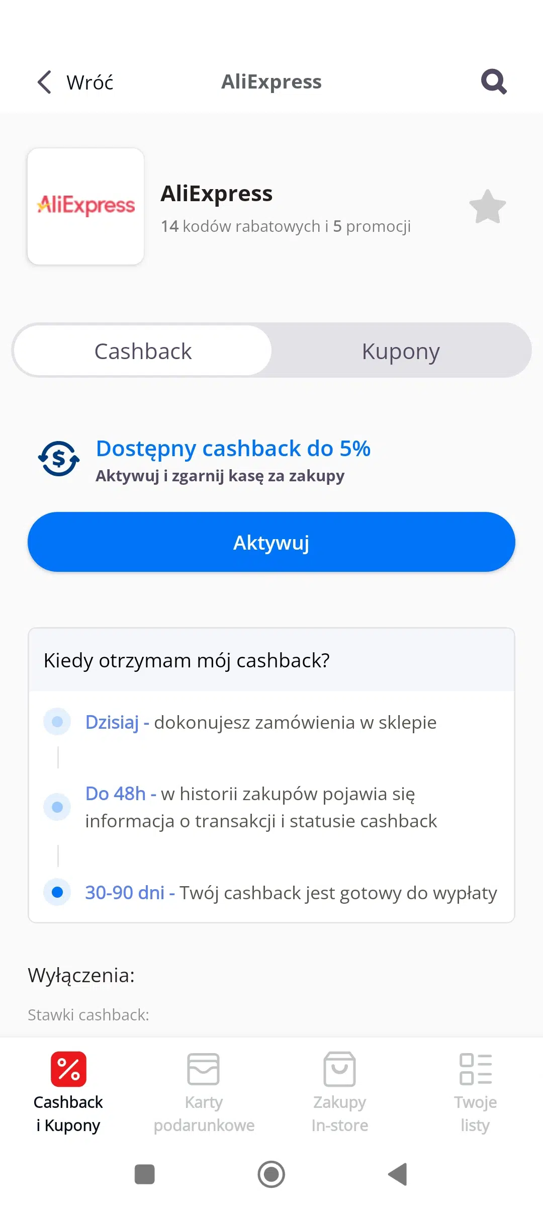 Ekran aplikacji AleRabat dla AliExpress – dostępny cashback do 5%, przycisk ‘Aktywuj’ oraz informacje o czasie naliczenia cashbacku (do 48h i 30–90 dni).