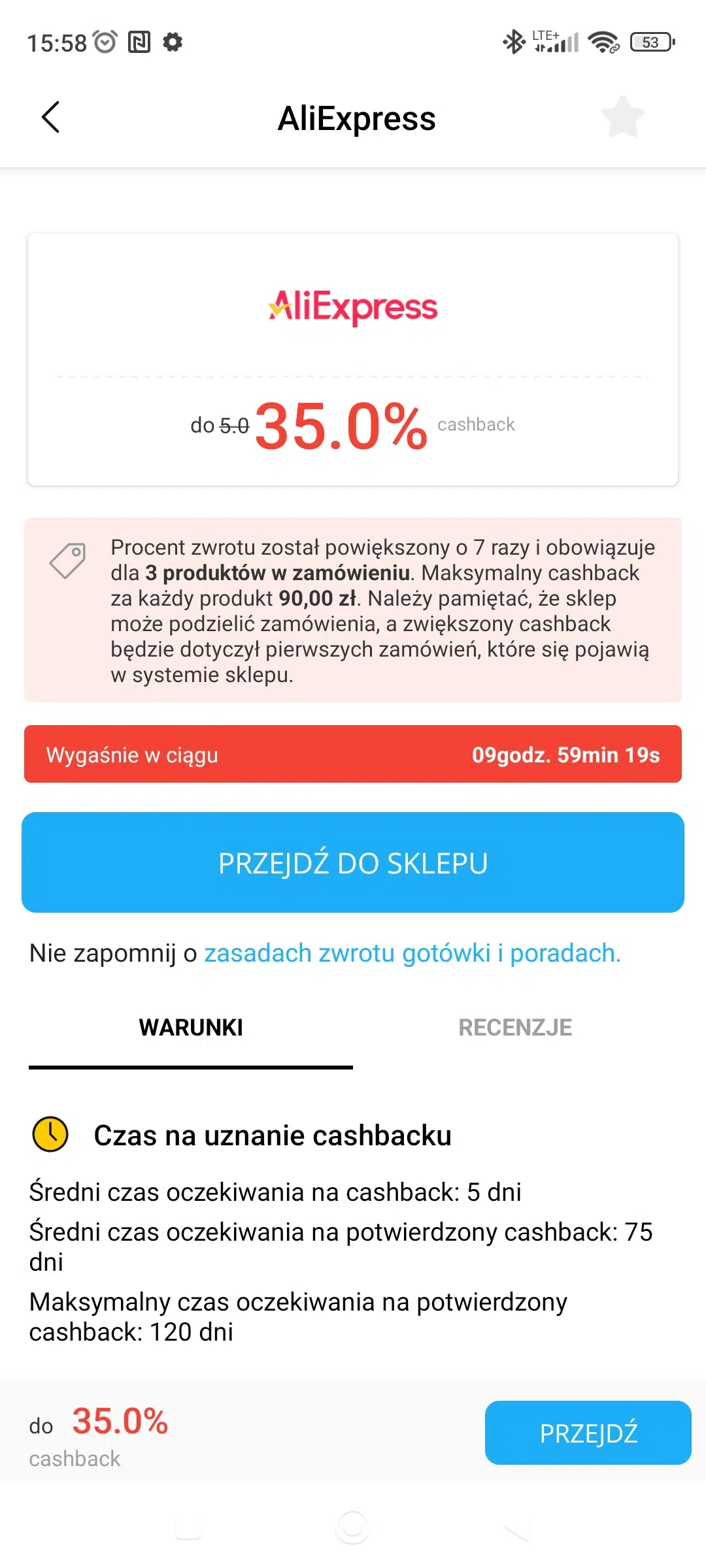Ekran aplikacji LetyShops dla AliExpress – zwiększony cashback do 35%, licznik czasu promocji oraz przycisk ‘Przejdź do sklepu’.