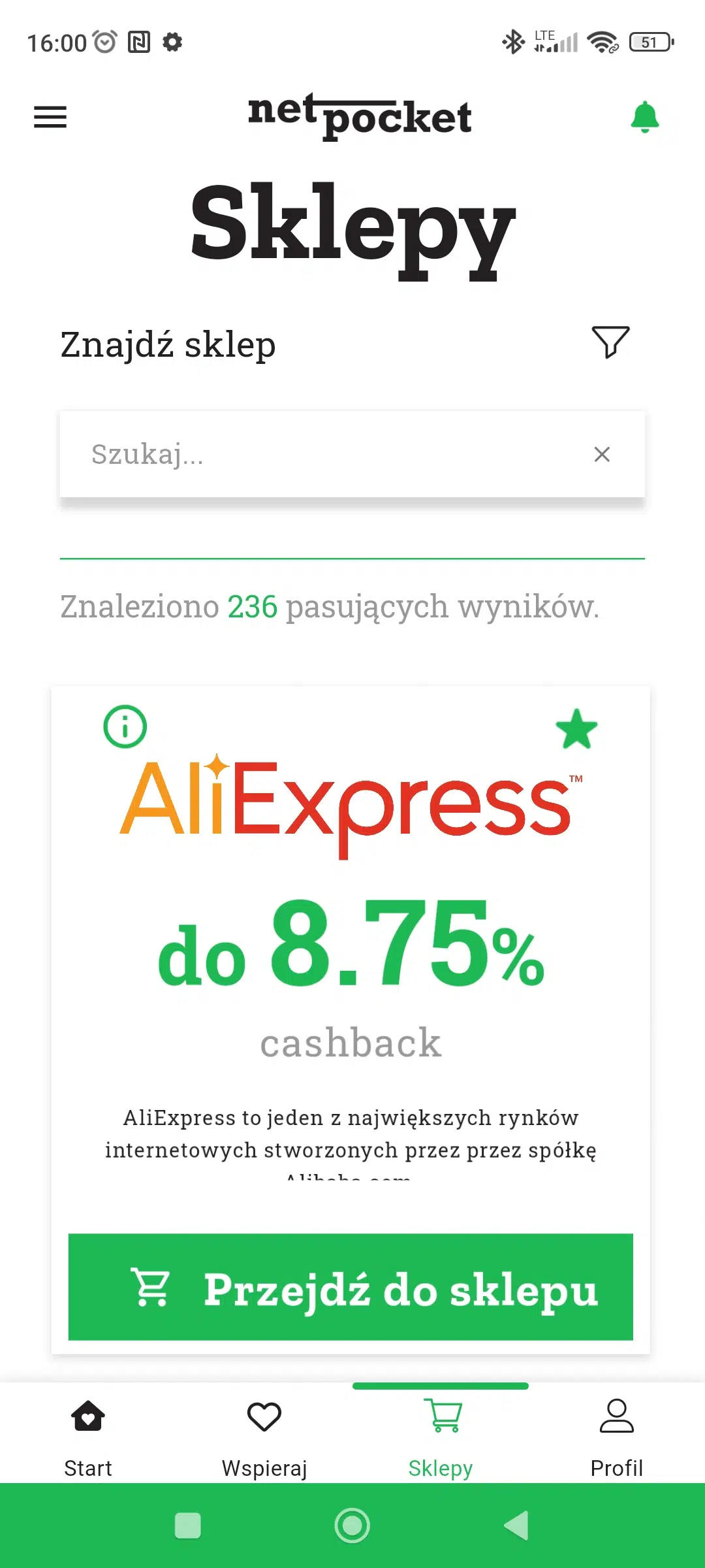 Ekran aplikacji Net-Pocket – sekcja sklepy z wynikiem AliExpress i cashbackiem do 8,75% oraz przyciskiem ‘Przejdź do sklepu’.