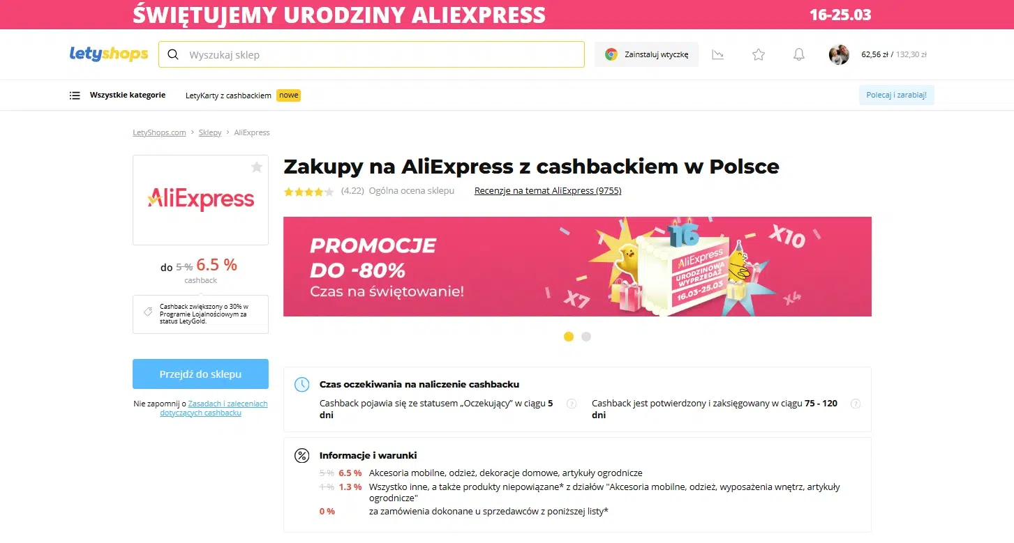 Strona LetyShops dla AliExpress – cashback do 6,5%, baner urodzinowy z promocją do -80% oraz przycisk ‘Przejdź do sklepu’.