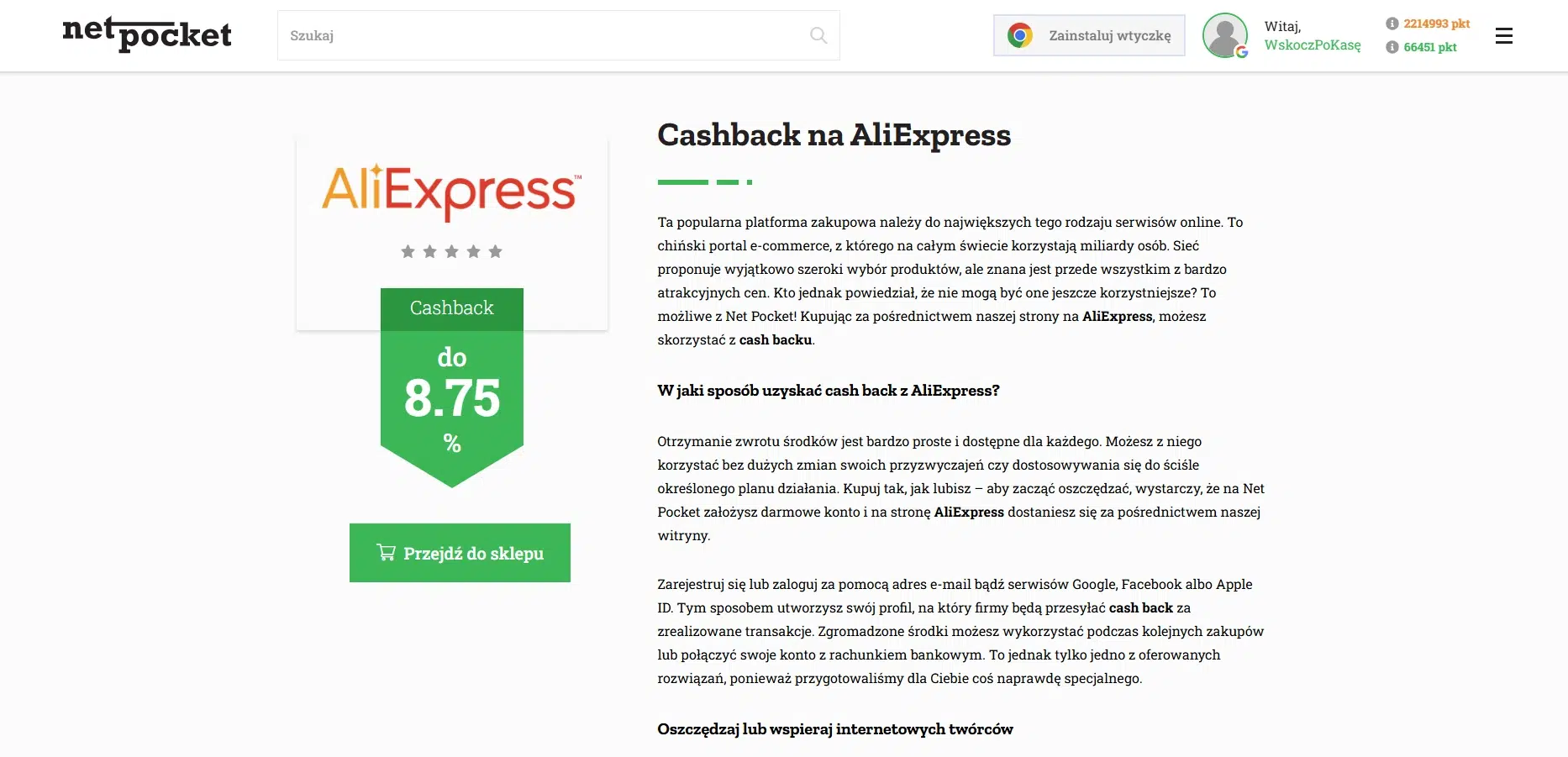 Strona Net-Pocket z ofertą AliExpress – cashback do 8,75%, przycisk ‘Przejdź do sklepu’ oraz opis zasad działania zwrotu za zakupy.
