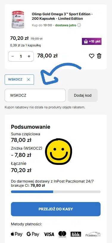 Mobilny widok koszyka Olimp Store z wpisanym kodem rabatowym WSKOCZ, pokazujący zniżkę 7,80 zł i łączną kwotę zamówienia 70,20 zł.