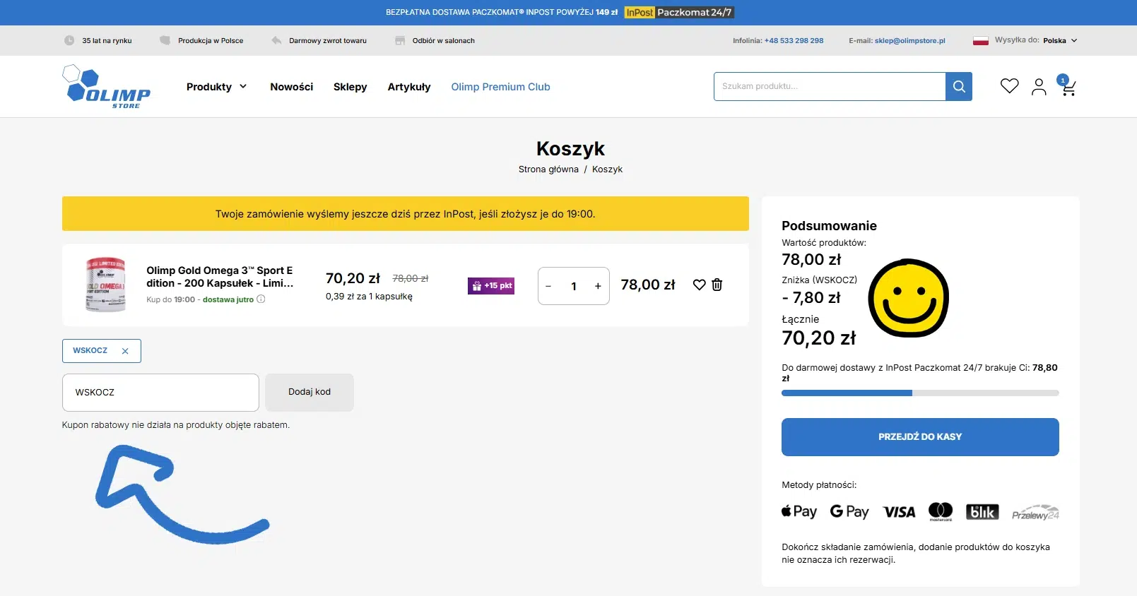 Widok koszyka w sklepie Olimp Store z zastosowanym kodem rabatowym WSKOCZ, pokazujący obniżkę ceny o 7,80 zł i łączną kwotę zamówienia 70,20 zł.